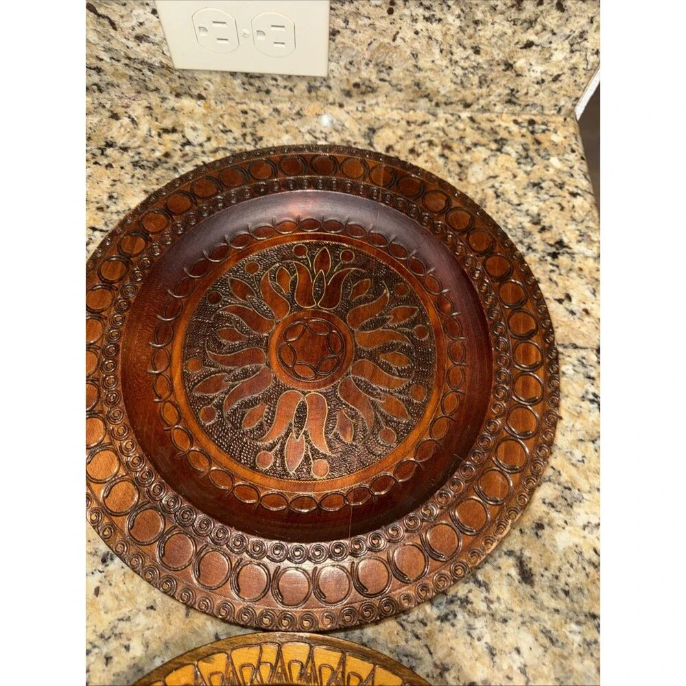 Vintage Hand Crafted Polish Folk Art Wood Plates Matching Set of 2